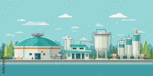 Stylized industrial plant with a teal domed roof, white silos, and pipes on a waterfront.
