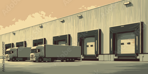 Stylized graphic of semi-trucks parked at a large warehouse with multiple loading bays.