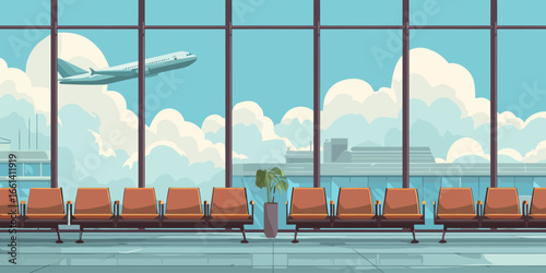 Illustrated airport departure lounge with empty orange seats and a view of a plane taking off through a large window.