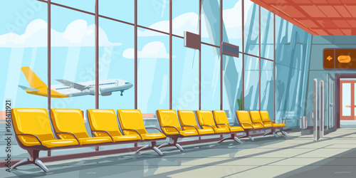 Bright and modern airport departure lounge with rows of empty yellow seats and large glass windows.