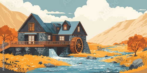 Illustrated rustic stone watermill with a wooden wheel and blue gabled roof.