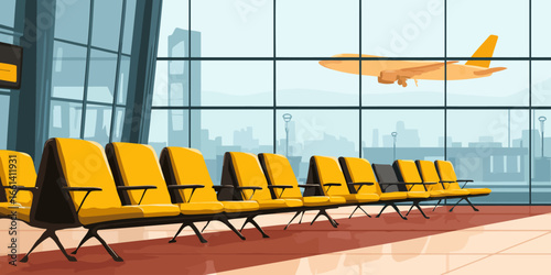 Modern airport departure lounge illustration with empty yellow seats and a view of an airplane through large windows.