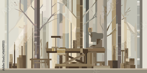 Stylized geometric illustration of a carpenter's workshop with wooden tools and machinery.