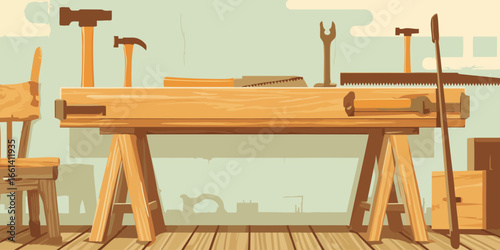 Stylized illustration of a traditional carpentry workshop with a wooden workbench, hammers, and saws.