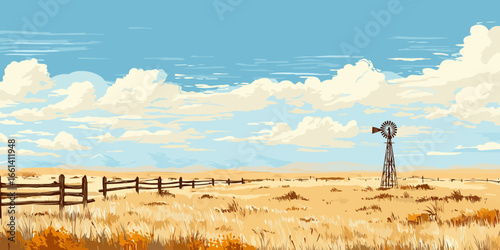 Stylized Western Prairie Landscape with a Rustic Windmill and Wooden Fence Under a Cloudy Sky.