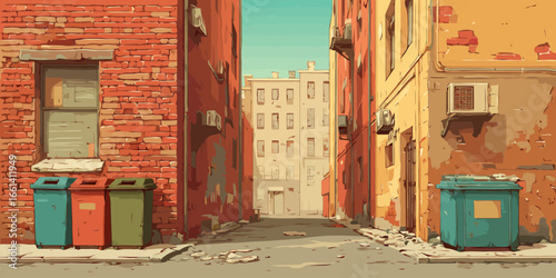 Gritty urban back alley illustration with red brick buildings and colorful trash bins.