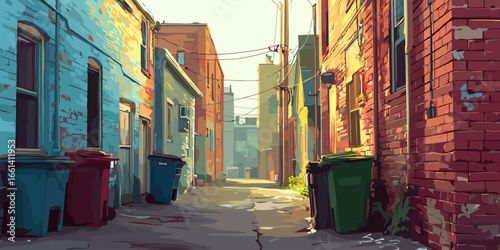 Sunlit Urban Back Alley with Colorful Brick Buildings and Power Lines