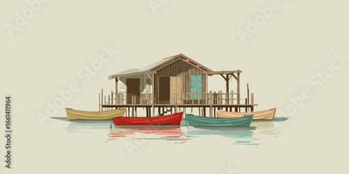 A rustic wooden stilt house and colorful rowboats on calm water, vector illustration.