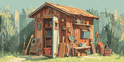 Charming rustic wooden garden shed with an open door, shelves, and various gardening tools.
