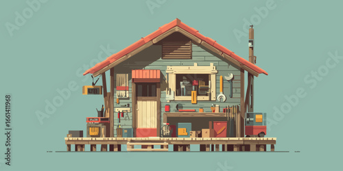 Stylized illustration of a rustic wooden workshop shed on a pier, filled with various tools and equipment.