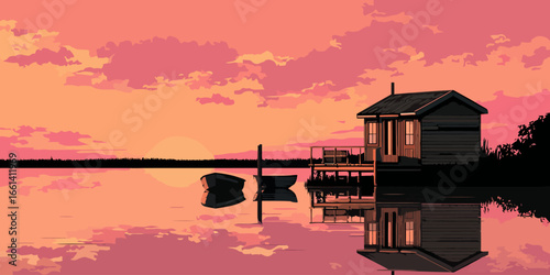 Peaceful lakeside cabin and a small boat reflecting on calm water during a vibrant pink sunset illustration.