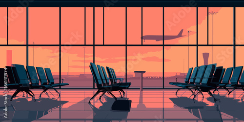 Stylized illustration of an empty airport departure lounge with chairs and a reflective floor against a sunset sky.