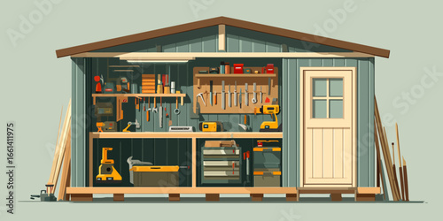 Detailed illustration of an organized workshop shed interior with tools and a workbench.