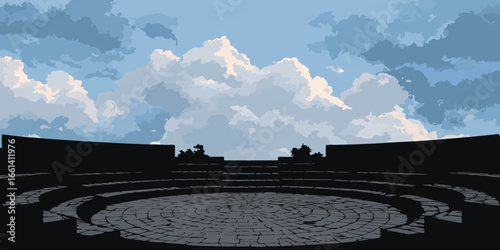 Silhouette of an ancient circular stone amphitheater with tiered seating and a paved arena floor.
