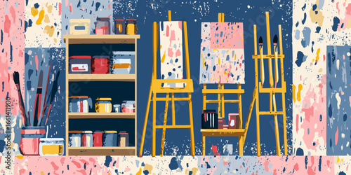 Vibrant illustration of an artist's studio with yellow easels, paint jars, and abstract canvases.
