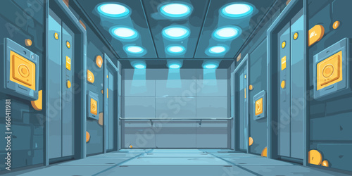 Futuristic Sci-Fi Elevator Hallway with Glowing Blue Ceiling Lights and Yellow Panels.