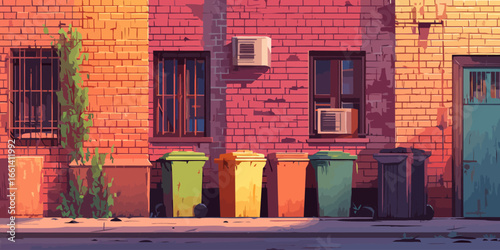 Vibrant illustration of colorful trash cans lining a sunlit urban alley with a red brick wall.