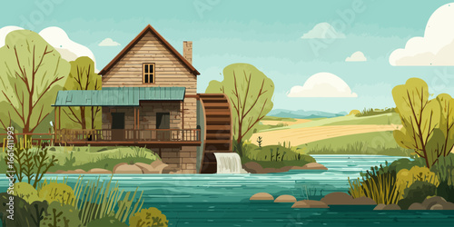 Rustic wooden watermill with a stone foundation and water wheel on a flowing river in a scenic countryside landscape.