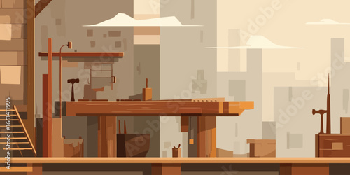 Minimalist illustration of a rooftop construction site with wooden scaffolding and tools.