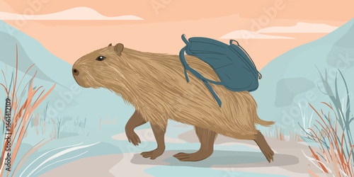 Illustrated capybara with shaggy brown fur walking and carrying a blue backpack.