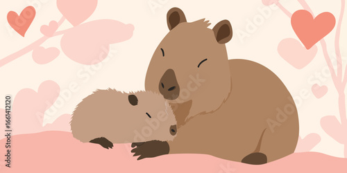 A loving mother capybara and her cute baby cuddling in a tender, affectionate embrace.