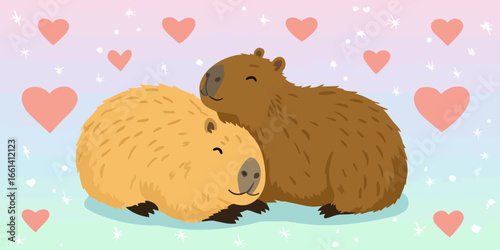 A cute cartoon capybara couple snuggling together with happy, contented expressions.