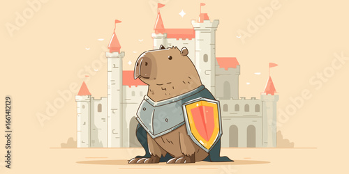 Charming cartoon capybara knight in steel armor and a dark cape, holding a shiny red and gold shield.