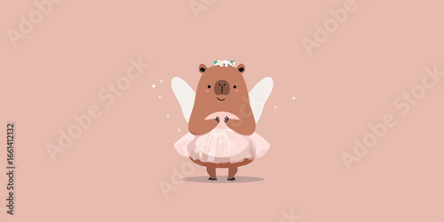 Adorable brown capybara fairy with wings, a pink tutu, and a flower crown.
