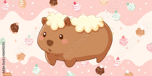 Adorable kawaii capybara character with a fluffy, cream-like topping on its back.