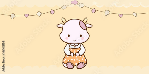 A cute cartoon baby cow with pink spots and yellow horns, sitting in patterned orange overalls.