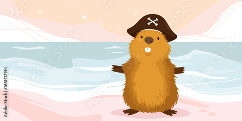 A cute, furry brown cartoon beaver standing with open arms, wearing a pirate hat with a skull and crossbones.