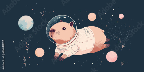 Charming illustrated capybara astronaut in a white spacesuit and glass helmet, floating serenely with a happy expression.