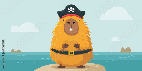 A fluffy orange cartoon beaver dressed as a pirate with a skull and crossbones hat and a black belt.