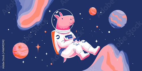 A smiling pink pig astronaut in a white spacesuit, floating in a relaxed pose while holding a small device.