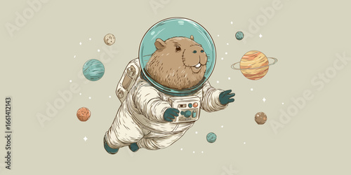 A cute cartoon capybara astronaut floating with a happy expression in a retro spacesuit.