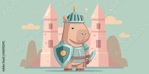 A charming cartoon capybara knight in pastel blue armor, holding a shield and a dagger.