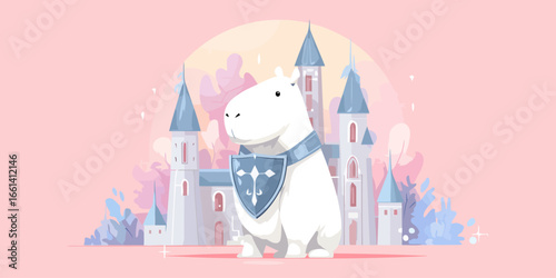 A valiant white cartoon hippopotamus knight wearing a blue collar and holding a heraldic shield.