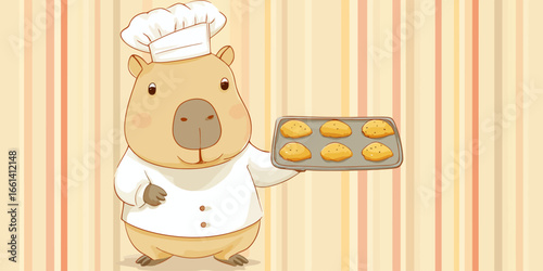 A cute cartoon capybara chef in a white uniform holding a tray of freshly baked cookies.