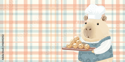 An adorable capybara chef in a white toque and blue apron, holding a tray of freshly baked chocolate chip cookies.