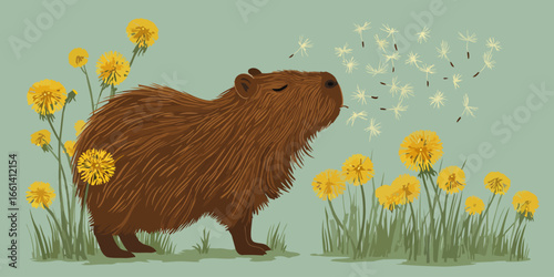 A calm, furry brown capybara with closed eyes blowing dandelion seeds among yellow flowers.
