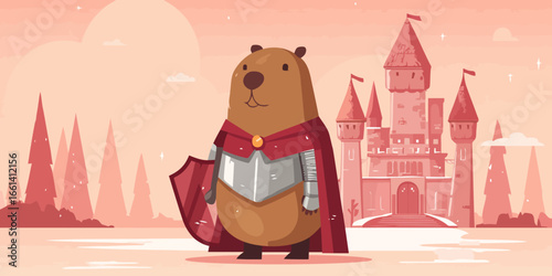 A valiant cartoon capybara knight standing proudly in silver armor with a red cape and shield.