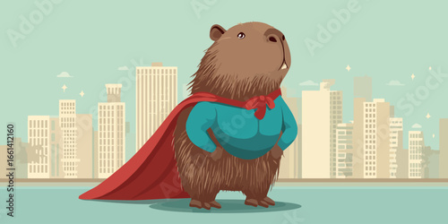 Heroic capybara superhero with shaggy fur, wearing a blue muscular suit and a flowing red cape, posing proudly.