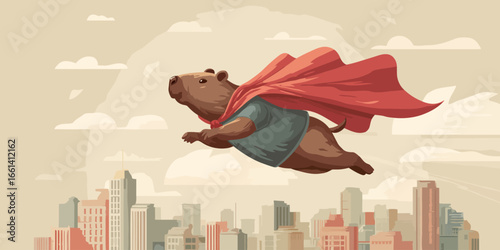 Heroic capybara superhero in a red cape and blue shirt flying forward with a determined expression.