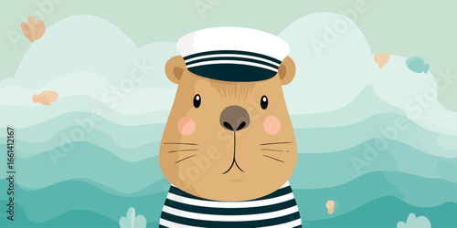 Charming cartoon beaver sailor in a striped shirt and white captain's hat.