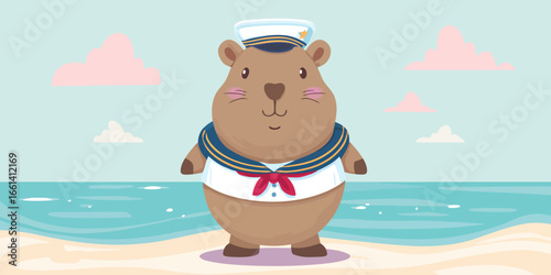 Cute cartoon capybara character in a sailor uniform with a striped collar and captain's hat.