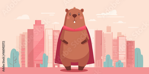 Cute cartoon groundhog superhero character wearing a flowing red cape and scarf.