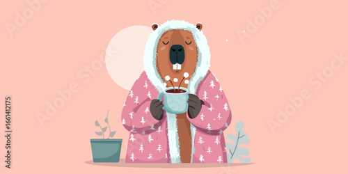 Cozy cartoon beaver in a pink, tree-patterned robe holding a mug of hot chocolate.