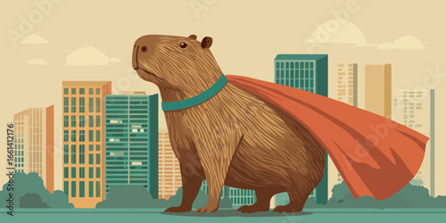 Heroic capybara superhero with textured brown fur, a teal collar, and a flowing red cape standing proudly.