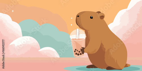 A cute, illustrated brown capybara character sitting calmly and holding a cup of sparkling boba milk tea.