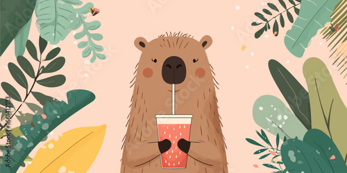 Cute shaggy brown capybara with rosy cheeks and closed eyes, sipping a red drink.